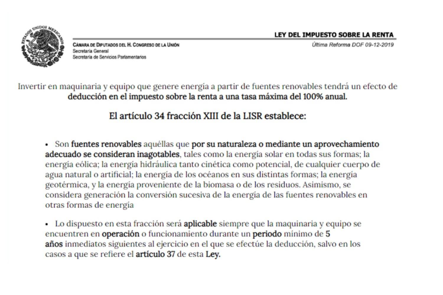 Ley del impuesto sobre la renta para deduccion de panales solares en Mexico - Sunforce